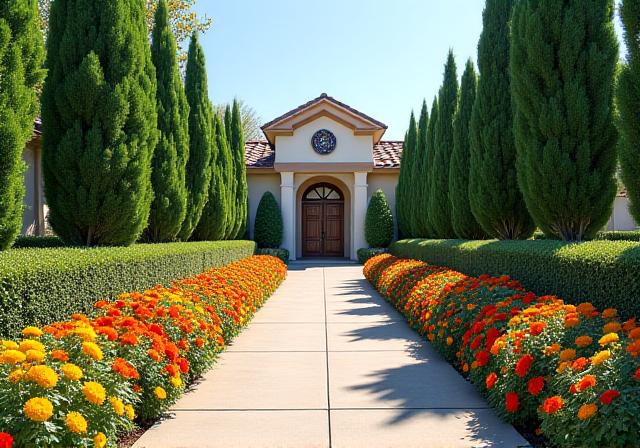 Manicured commercial property entrance with floral annuals