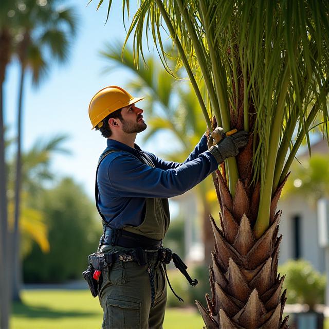 Landscaping professional trimming a palm tree in Naples Florida